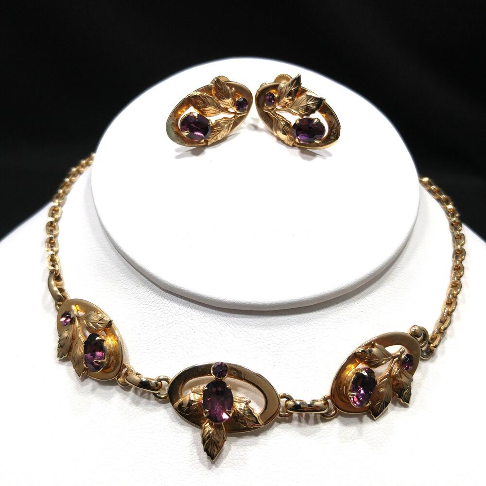 Purple Rhinestone Floral Necklace & Screw Back Earrings Gold Plate 1940s Vintage